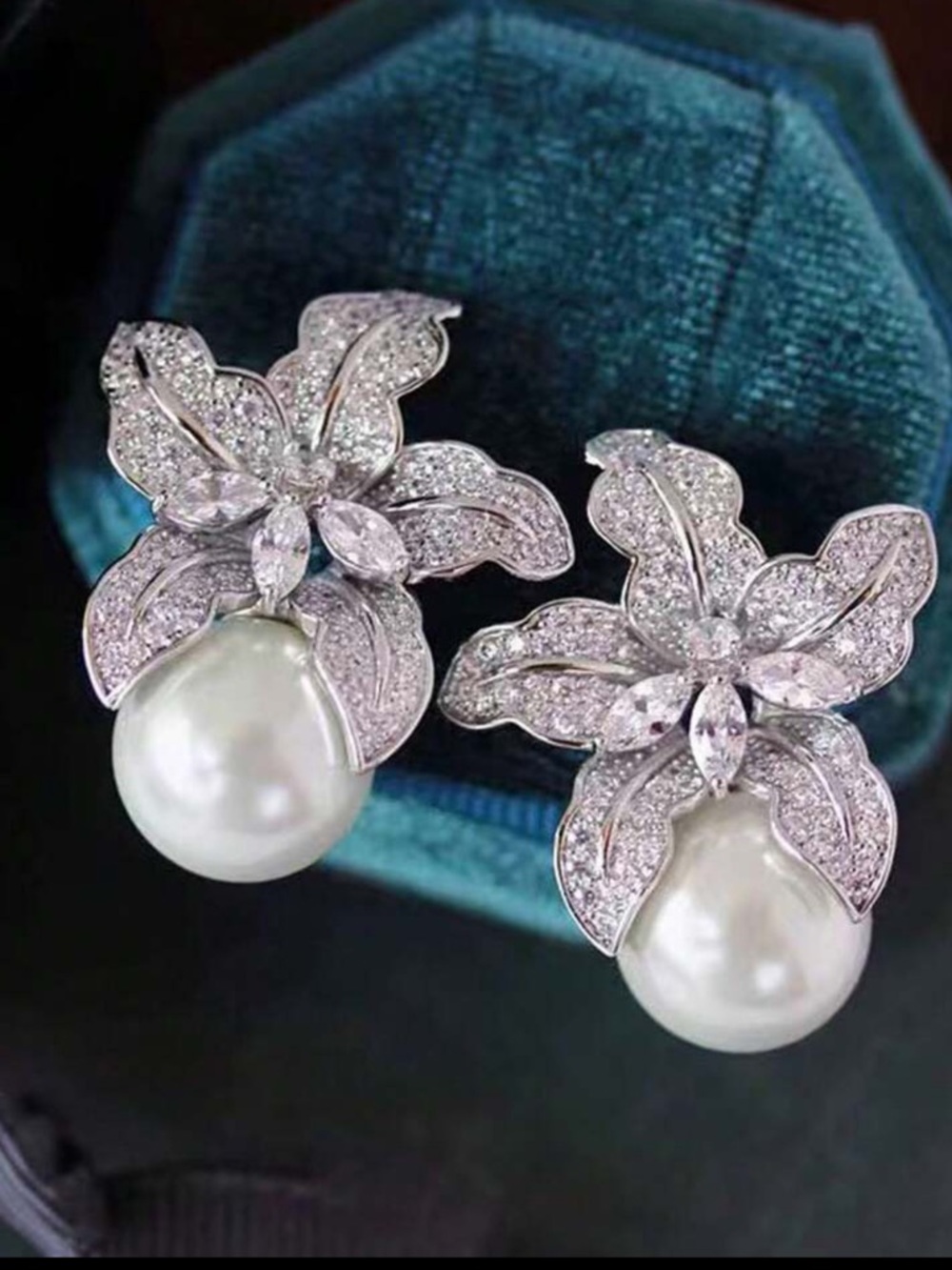 Celestia  Silver Pearl Orchid Stud Earrings